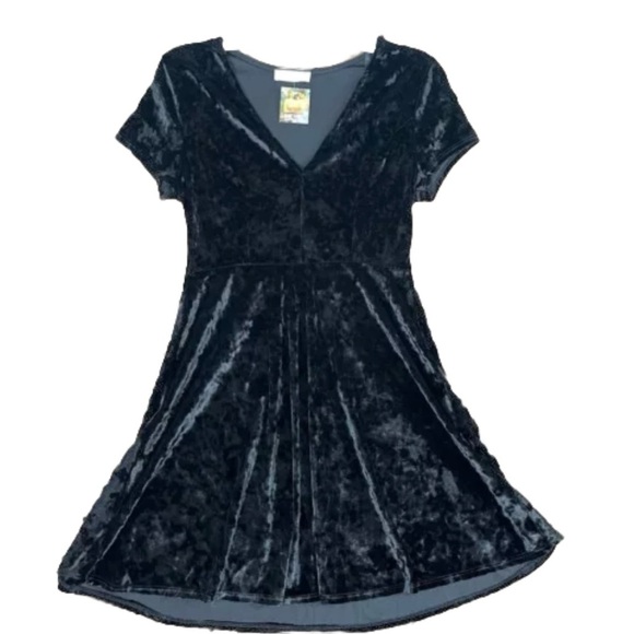 Millibon  Black Crushed Velvet Flared Mini Skater Holiday Dress V-neck Large - Picture 1 of 8